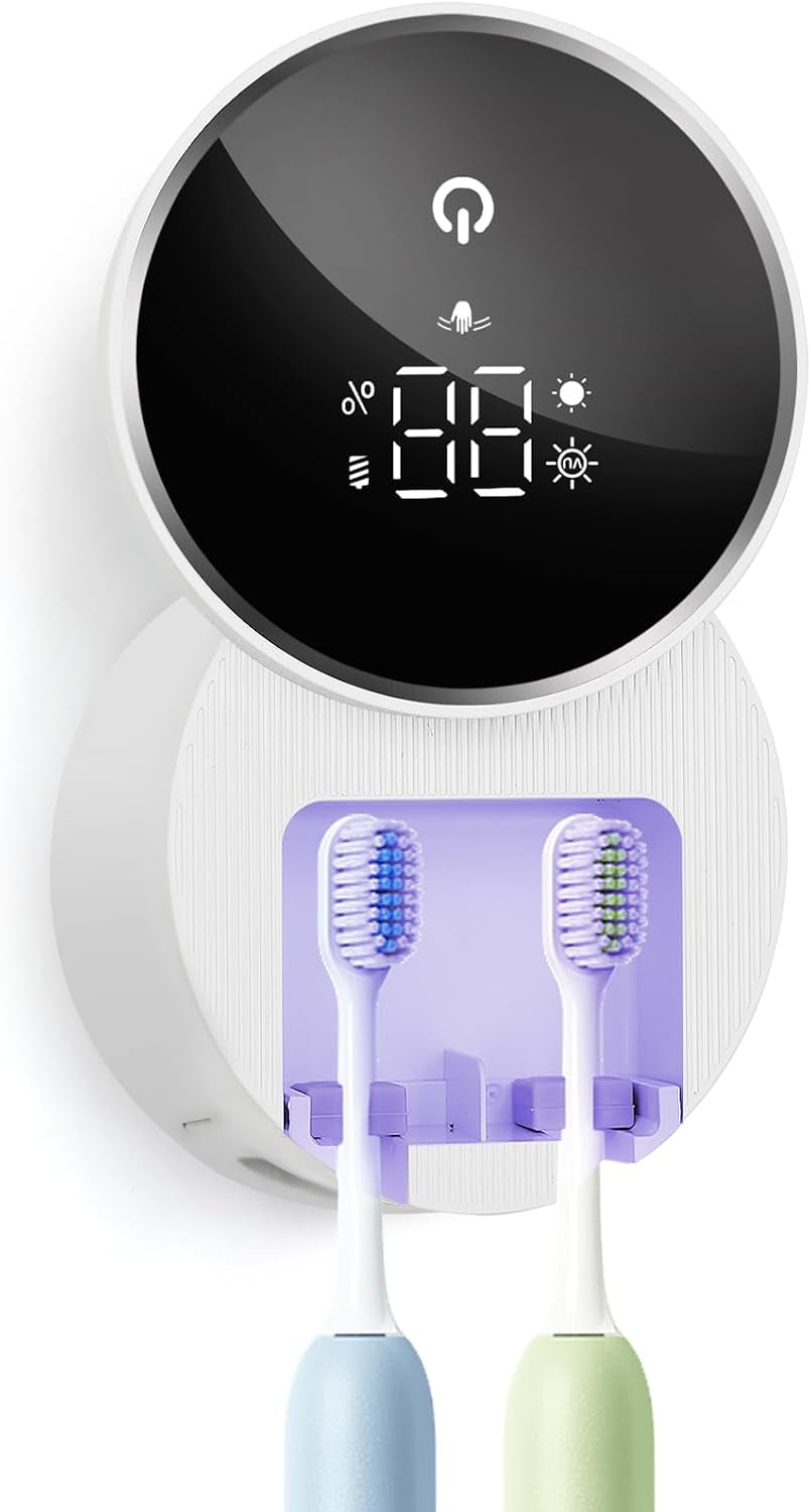 UV Toothbrush Sanitizer and Holder,  Smart Tooth Brush Holders for Bathroom, Toothbrush Wall-Mounted Cleaner Organizer with Auto-Inductive Cover Fits Electric, Manual Toothbrushes for Home