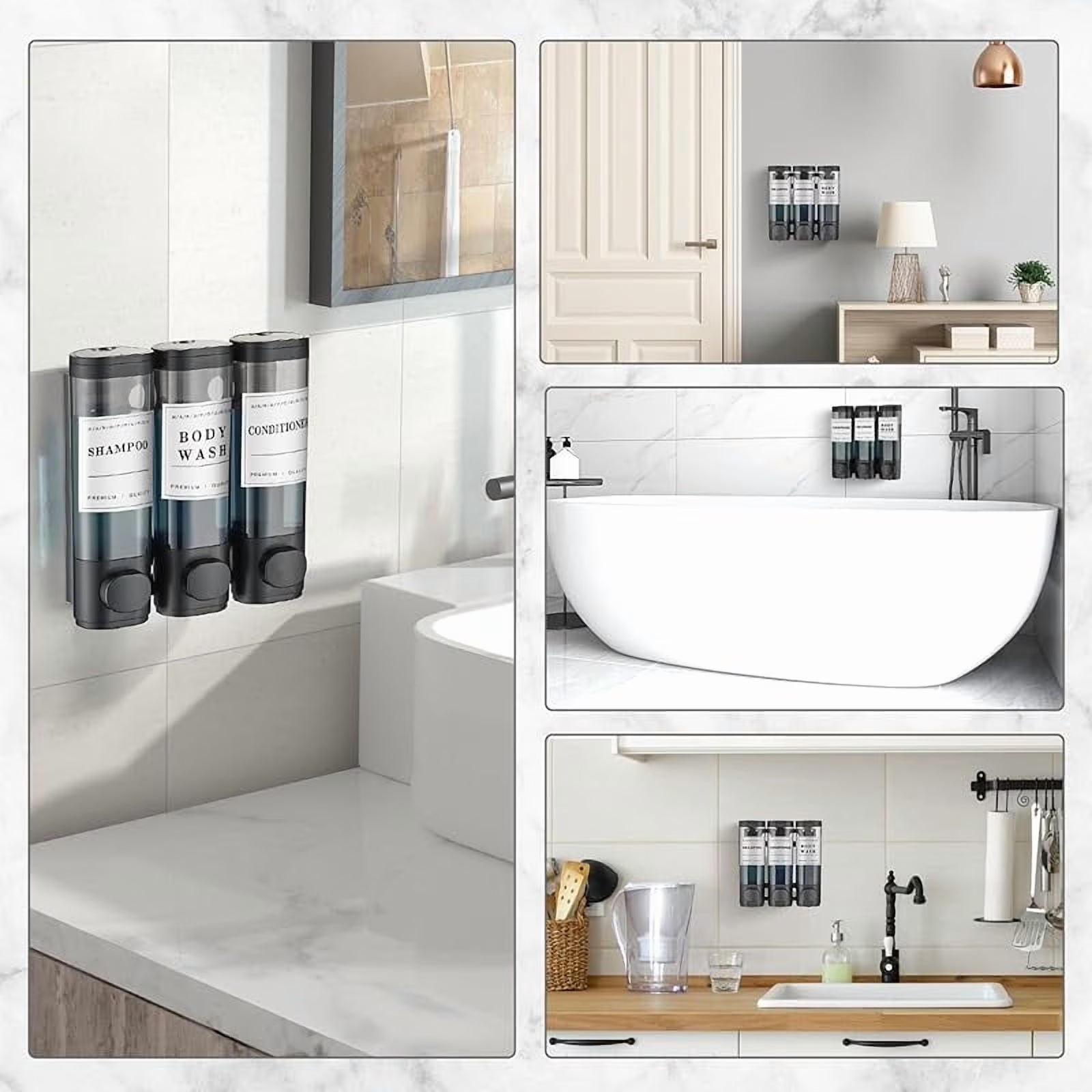3 Chamber Wall-Mounted Shower Dispenser No Drill Large Capacity Bathroom Organizer