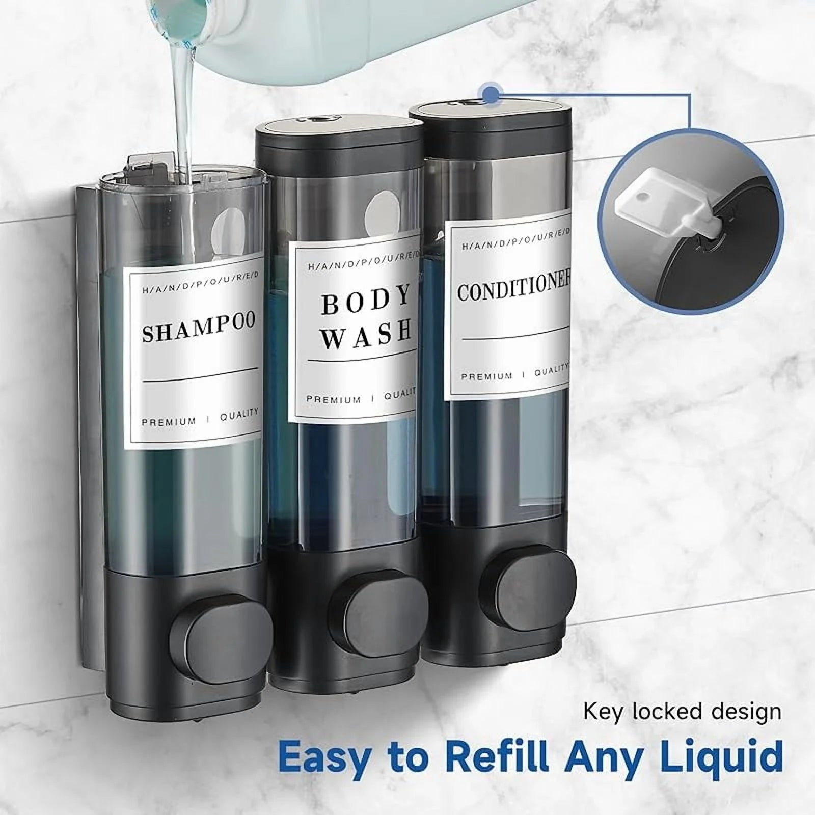 3 Chamber Wall-Mounted Shower Dispenser No Drill Large Capacity Bathroom Organizer