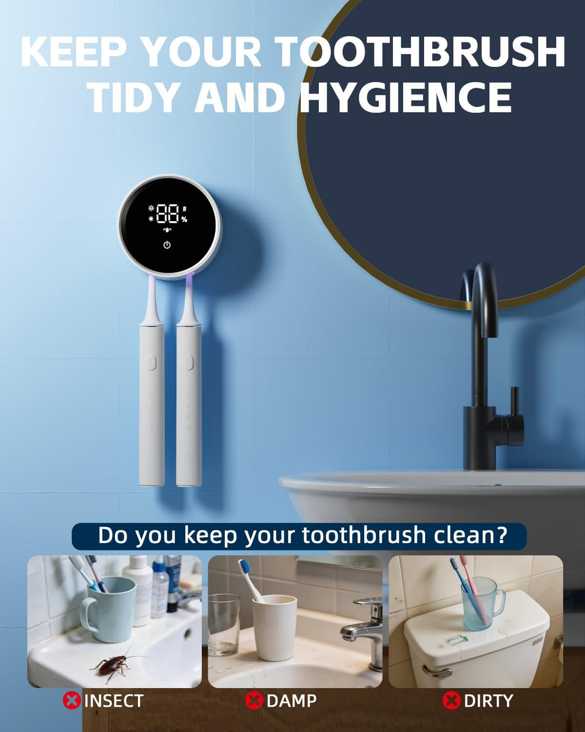 UV Toothbrush Sanitizer and Holder,  Smart Tooth Brush Holders for Bathroom, Toothbrush Wall-Mounted Cleaner Organizer with Auto-Inductive Cover Fits Electric, Manual Toothbrushes for Home